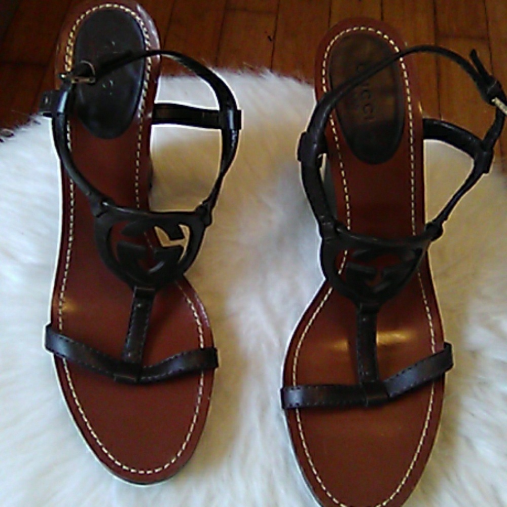 Gucci GG Leather Strappy Wedge Heels